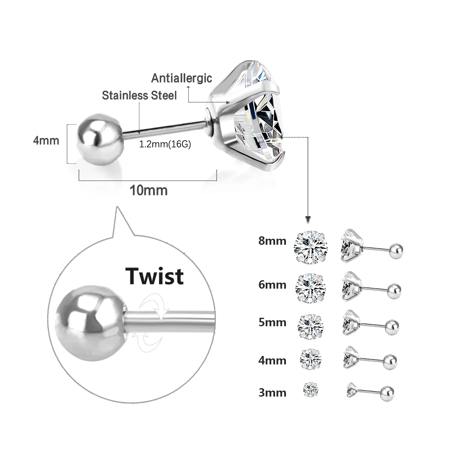 1 Pair Fashion Stainless Steel Cubic Zirconia Cartilage Helix Stud Earrings Set Ear Piercing Jewelry for Women Men 3-8mm