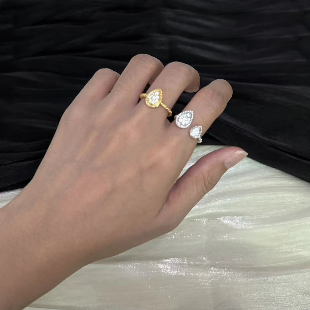 Electroplated 18K Gold Full Diamond Water Drop Ring with an Open Ring. Advanced Fashion Gift