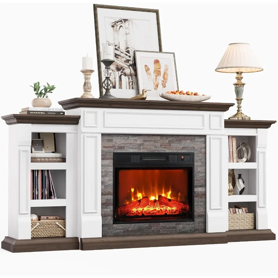 

72" Electric Fireplace with Mantel and Cabinets Fireplace TV Stand for Living Room Bedroom Stacked Stone Surround and Remote Co
