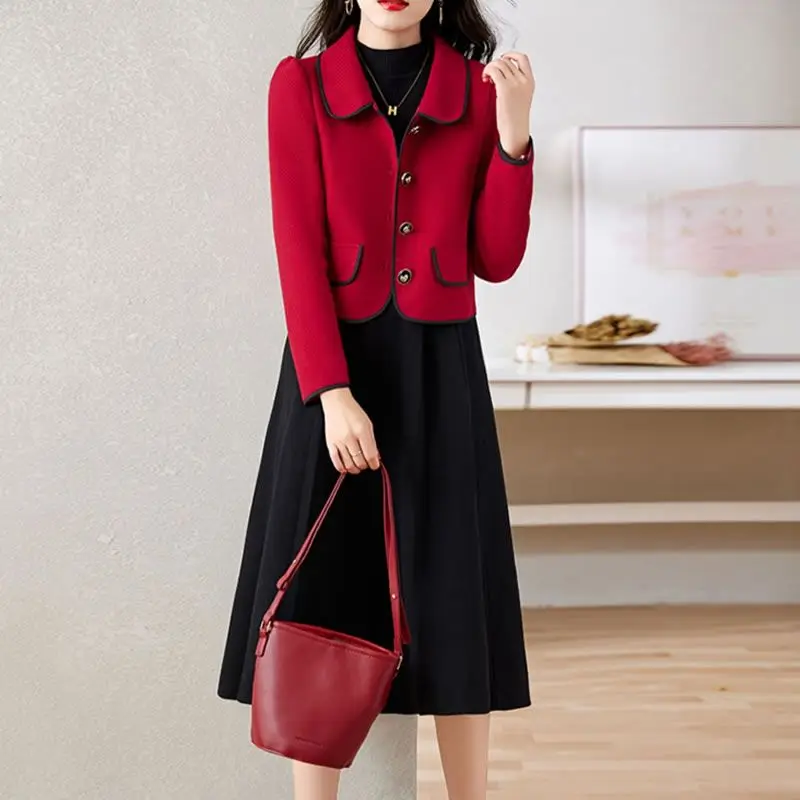 

2023 Women Spring Autumn New Two Piece Sets Female Long Sleeve Buttons Short Coats + High Waist Skirts Dress Ladies Suits G375