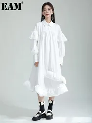 [EAM] Women White Ruffles Long Shaped Shirt Dress New Lapel Long Sleeve Loose Fit Fashion Tide Spring Autumn 2024 1DH0609