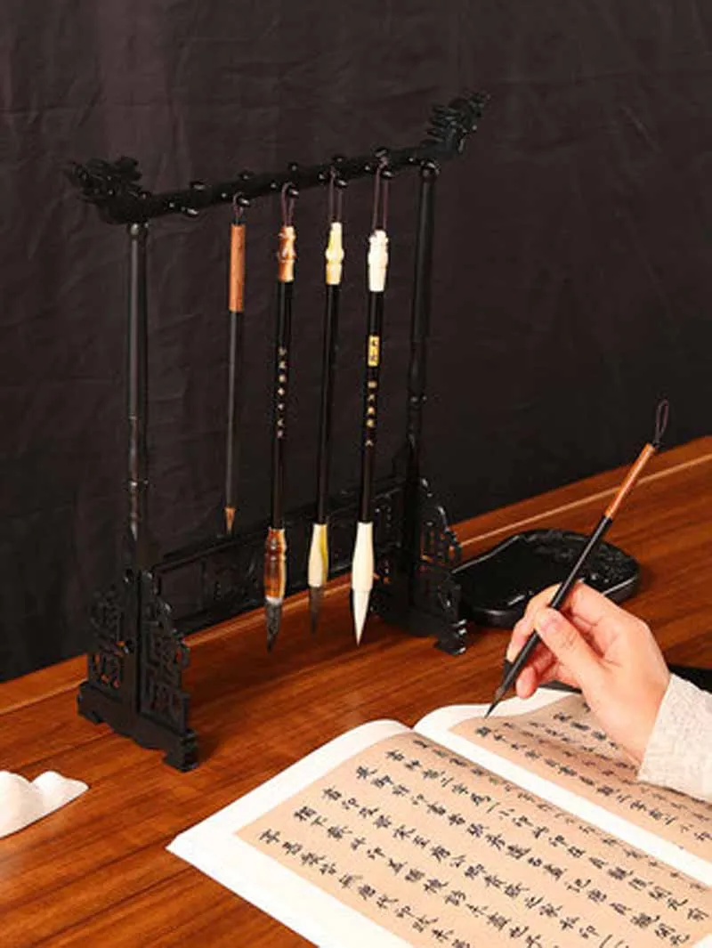 Chinese Calligraphy Brushes Pen Holder Stand Rosewood 8 12 16 Hooks Brushes Hanging Simple Retro Brush Pen Hanger