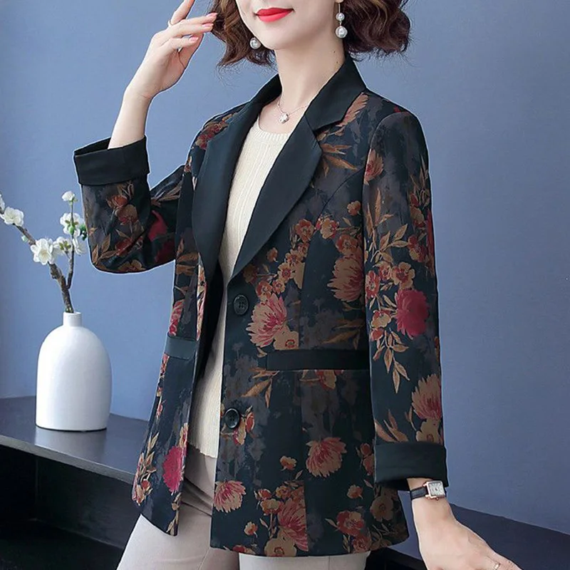 Vintage Printed Spliced Pockets All-match Blazer Women Clothing 2023 Autumn New Oversized Casual Tops Loose Office Lady Blazers