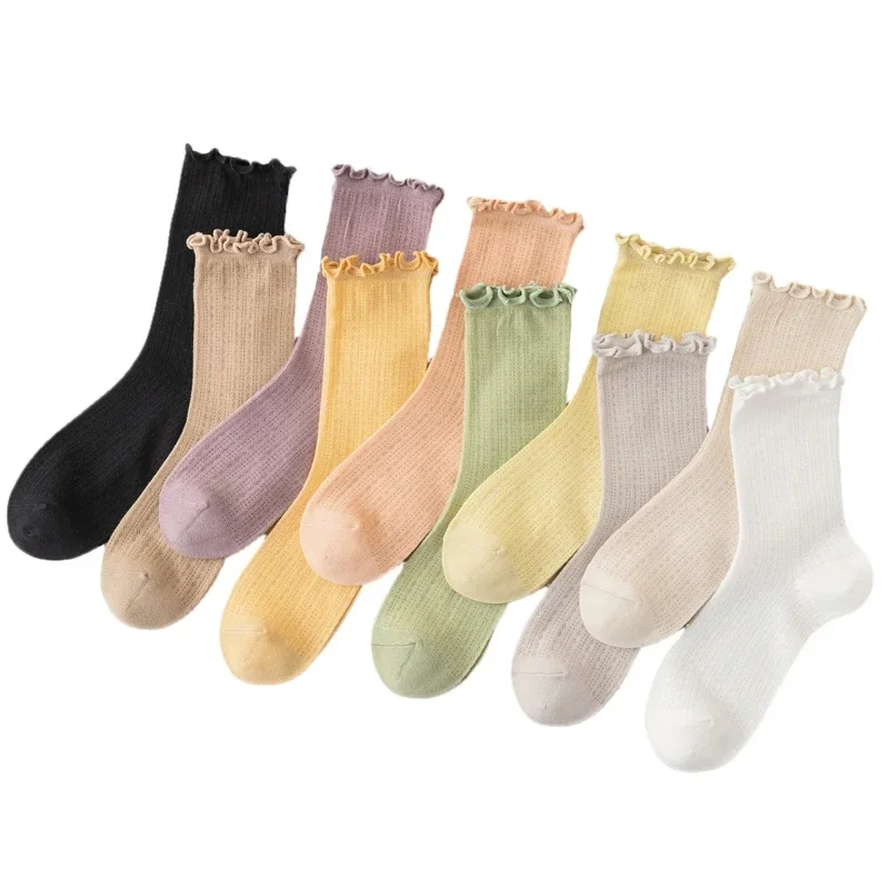 New Women Socks High Quality Summer Fashion Casual Long Socks Solid Color Korean Style Waveselvedge Mesh Breathable Simple Thin