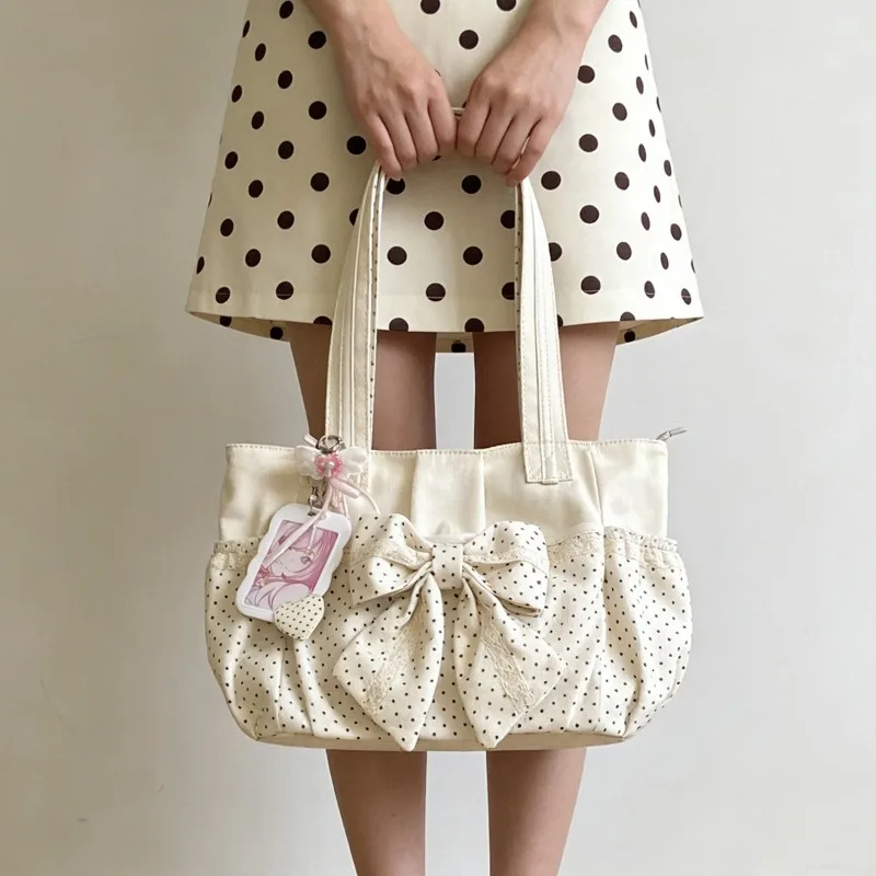 DoLife Store Y2K 2026 New Original Ancient Polka Dot Bow Lace Canvas Tote Bag Simple Shoulder Computer Bag School Bag OOTD