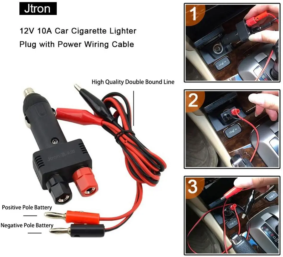 Jtron®Spina accendisigari maschio Dc 12v 10a con cavo di alimentazione per prendere il cavo di alimentazione nero per Inverter