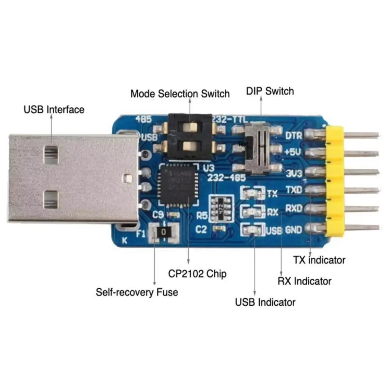 CP2102 USB 2.0 to TTL/RS232/RS485 6-in-1 Serial Adapter Module, 3.3V/5V with Dupont Cable, High-Speed Communication