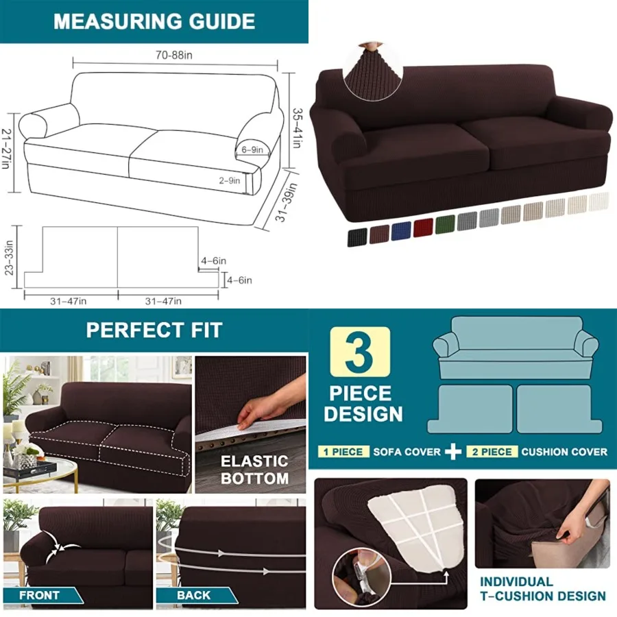 

3 Piece T Cushion Sofa Slipcovers Stretch Couch Cover Furniture Covers with 2 Individual T Cushion Covers, Machine Washable 2 C