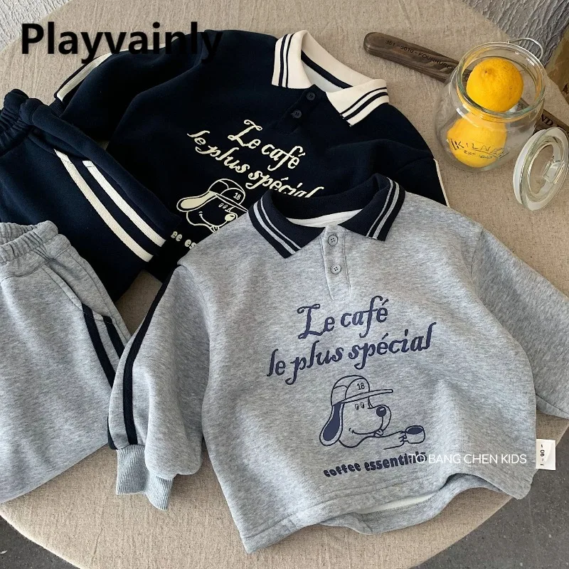 

2025 New Winter Kids 2-Piece Set Cartoon Print Turn-down Collar Fleece Pullover Sweatshirts+Pants Children Sportswear H0616