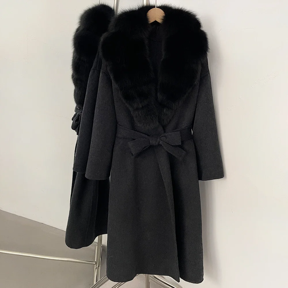 OFTBUY Neue Luxus-Winterkleidung Damen Mittellanger 100% Wollmantel Echter Fuchspelzkragen Gürtel-Wickeljacke aus Wolle für Damen – Detail 11