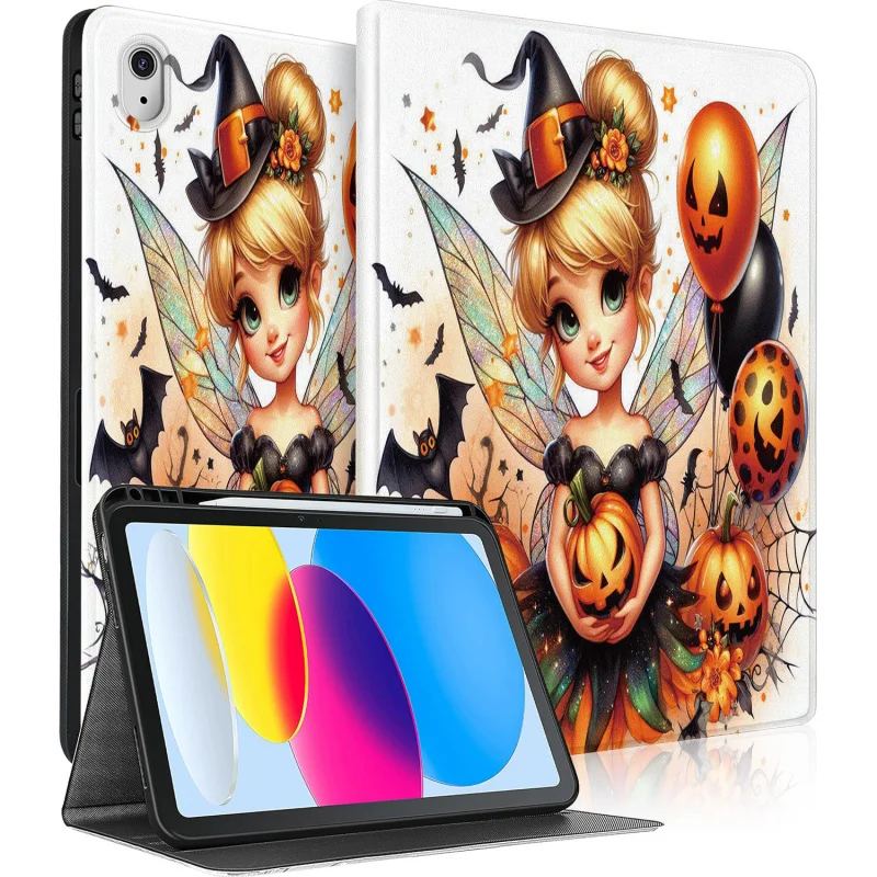 

Милый чехол с рисунком эльфа для девочек для iPad A16 2025 11 поколения 11 дюймов/2022 10 10,9 дюймов, чехол для планшета с автоматическим пробуждением/сна, чехол с воздушным шаром и тыквой