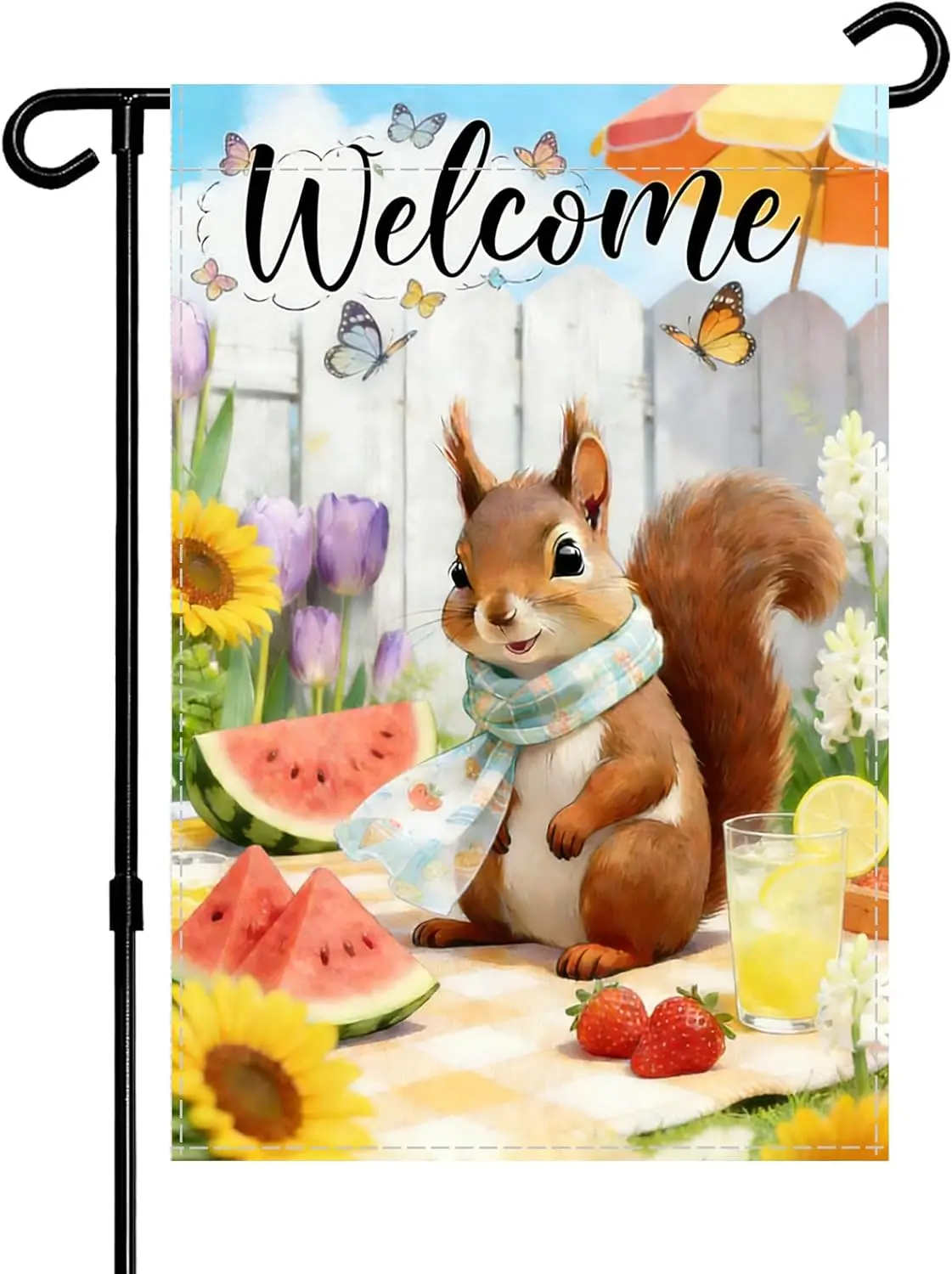 Welcome Garden Flag with Squirrel, Double Sided Burlap, Summer Outdoor Decor, 12 x 18 Inches, Multicolor AAS