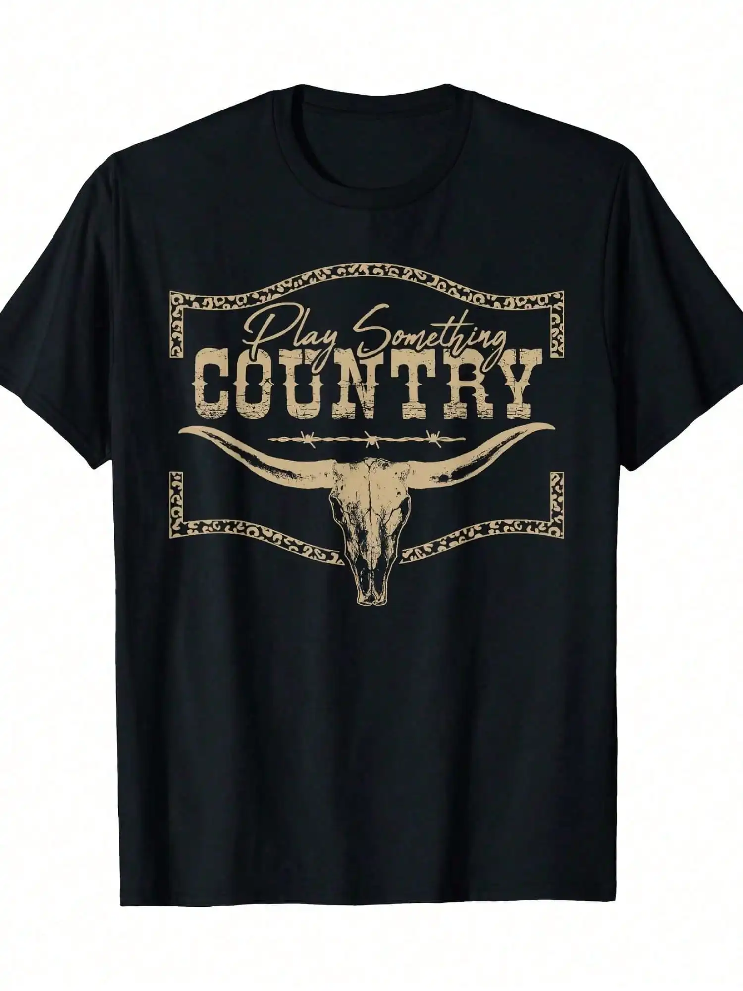 

Play Something Country Bull Skull Graphic Tee - Men's & Women's Western Style 100% Cotton T-Shirt, Black with Golden & White