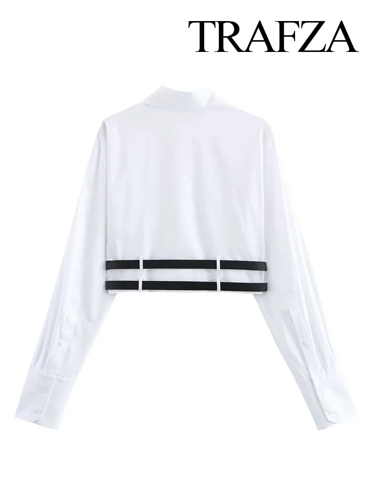 TRAFZA Women Elegant Long Sleeves Turn-down Collar White Belt Decorate Short Blouses Woman Versatile Slim Long Sleeve Shirt Top