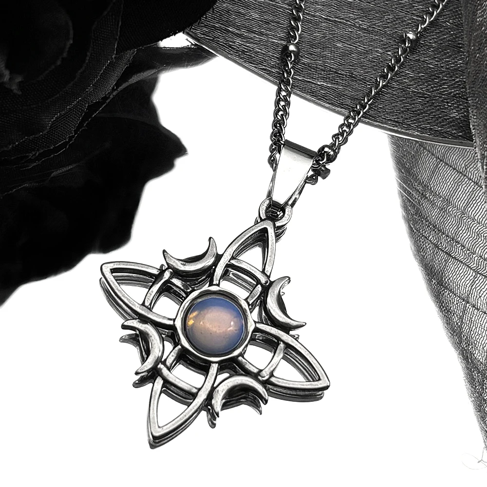 Wicca Keltischer Knoten Dreifachmond Göttin Halskette Edelstahl Mondstein Hexen-Amulett Gotische Kettenhalskette Schmuck – Detail 4