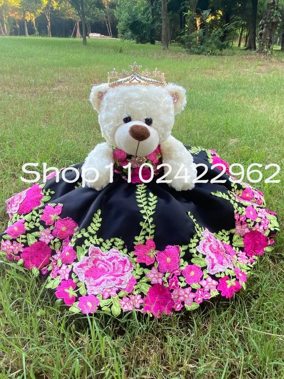 Customsized Quinceanera teddy Bear toy Dressed with a Glamourous Party Dress Floral Embroidery Little Mini Quninceanera dress