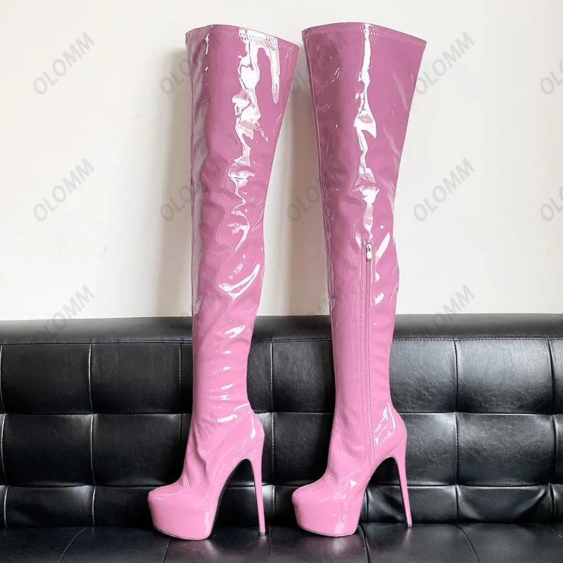 Olomm Customization Women Winter Thigh Boots Patent Side Zipper Stiletto Heel Round Toe 13 Colors Club Shoes Plus US Size 5-20