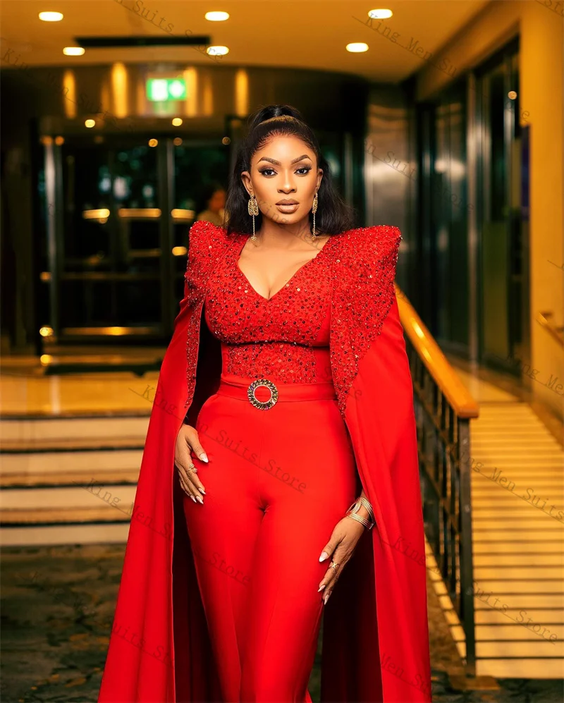 

Luxury Red Women Office Suits Set Crystals 2 Pieces Blazer+Pants Trousers Customized Formal Office Lady Jacket Wedding Tuxedos