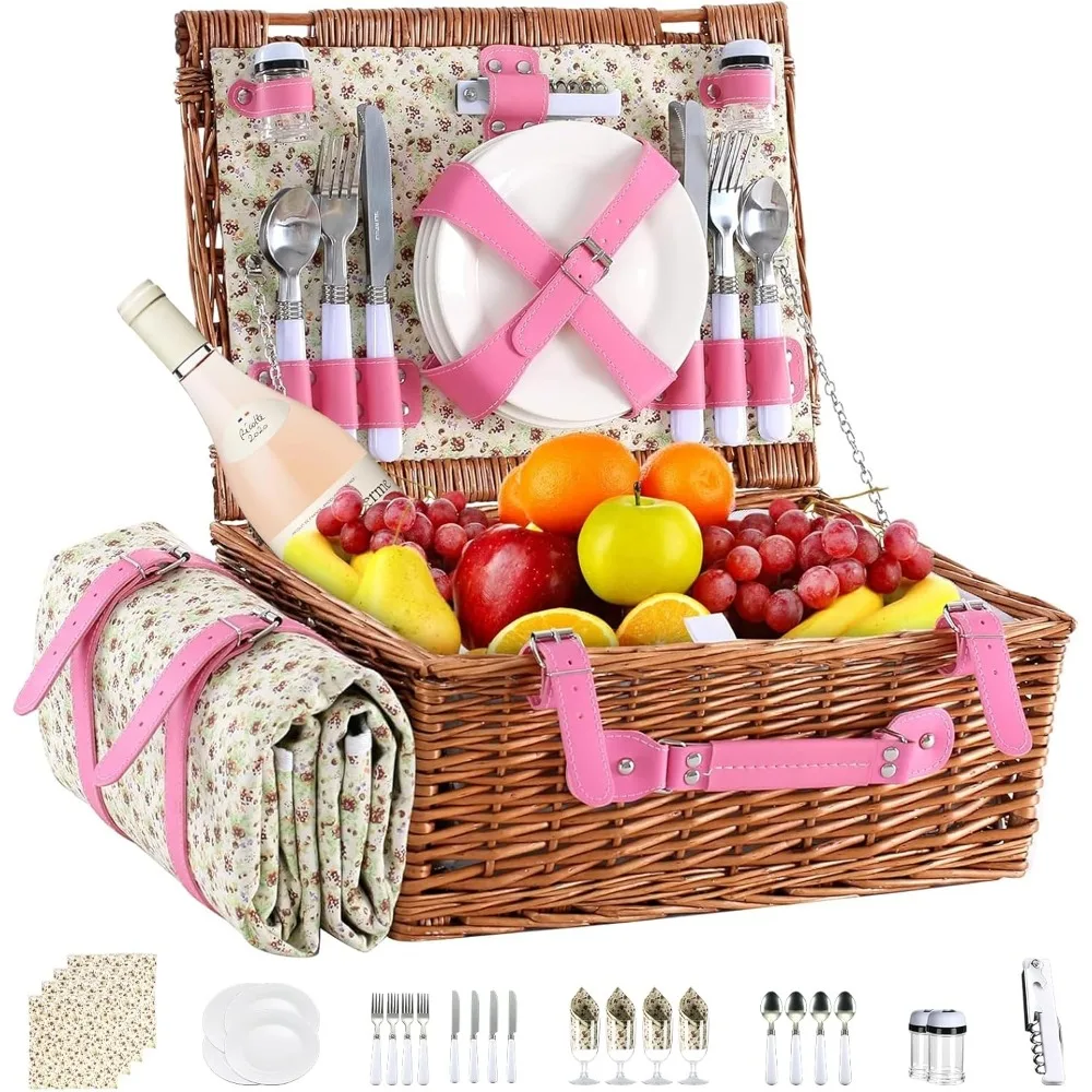 Picknickkorb für 4 Personen, Picknick-Set mit Weidenweberei