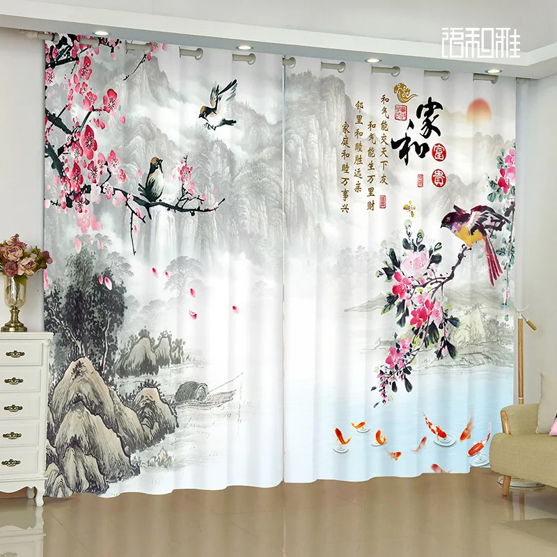 2 Panel Luxury Curtains Magnolia Flowers Koi Fish Bird Lucky Curtains for Bedroom Living Room Kitchen Window Blinds cortinas