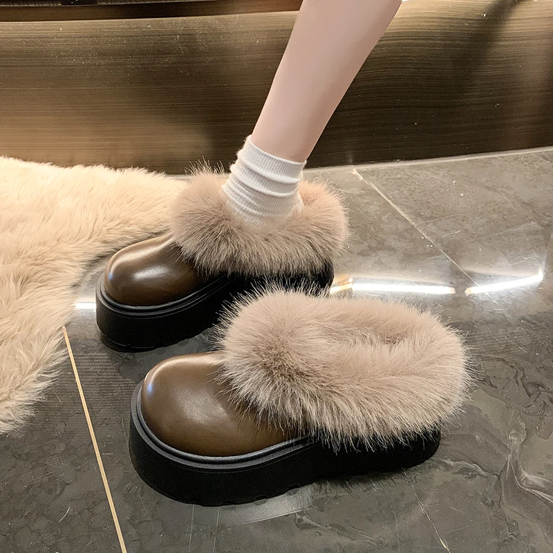 Wear Thick Bottom Bao Head with Velvet Warm Waterproof Platform Fashion All Comfortable Non-slip Breathable Women's Slippers