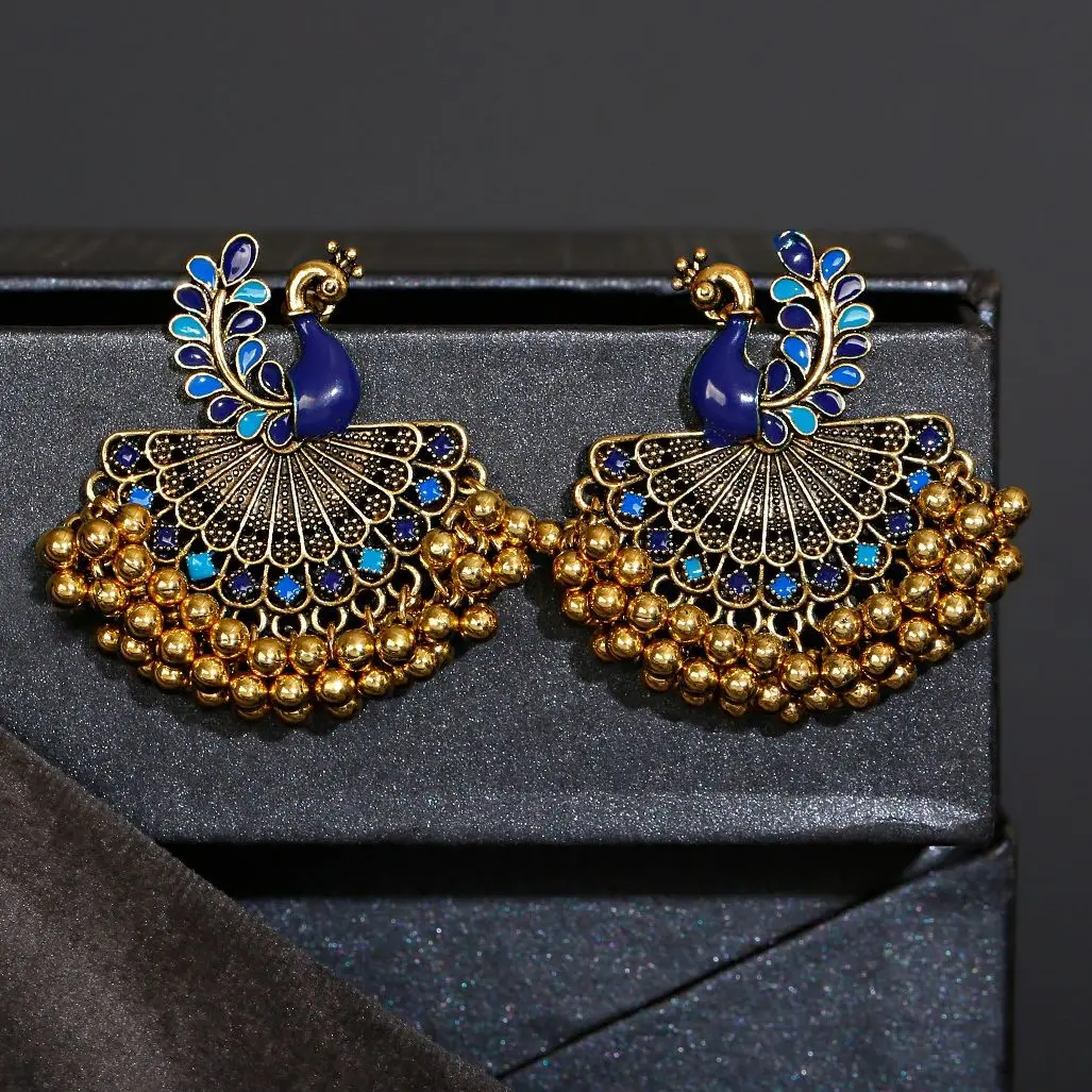 Ethnic Vintage Women\'s Blue Peacock Earrings Alloy Bollywood Oxidized Gold Color Beads Tassel Jhumka Dangle Earrings