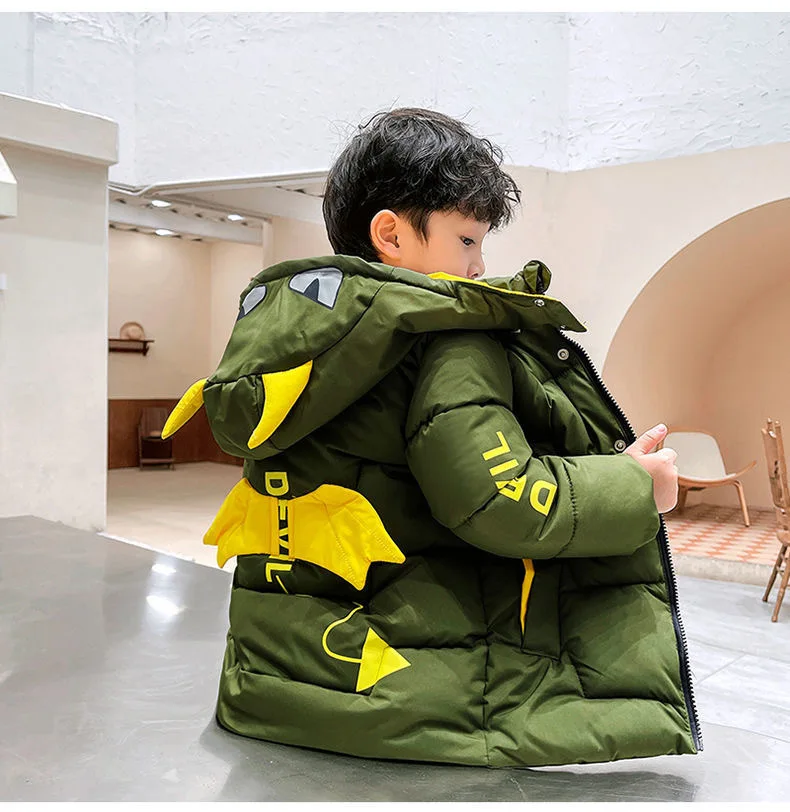 Cartoon Little Monster Boys Jacket Coat Overcoat Cotton 2024 Army Green Warm Thickened Winter Outwear Children\'s Clothing Cute