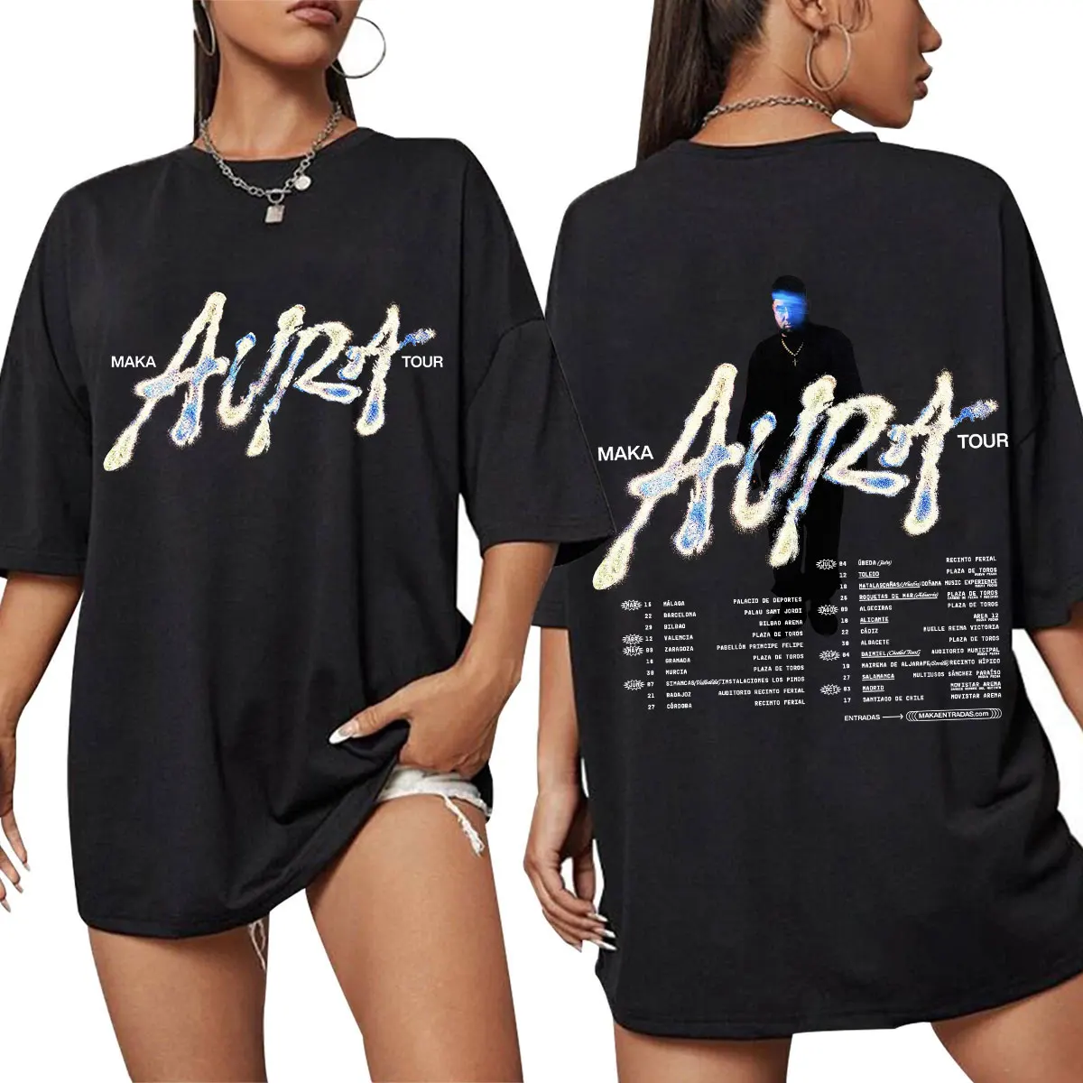 2025 verano rapero Maka Aura Tour Merch 100% Camiseta estampada de algodón puro mujer moda Vintage pantalón corto Casual manga ropa de calle