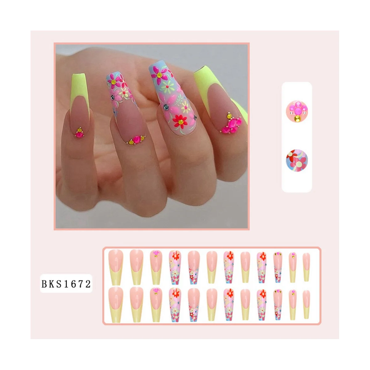 Rainbow Flower Applique Diamond Graffiti False Nails Long Coffin Nail Tip Detachable Press on Nails Manicure