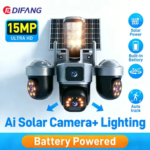 DIFANG V380 8K 15MP WiFi Solar Camera Auto Tracking Solar Lighting 3-Screen PTZ Solar Wireless 4G Outdoor Surveillance