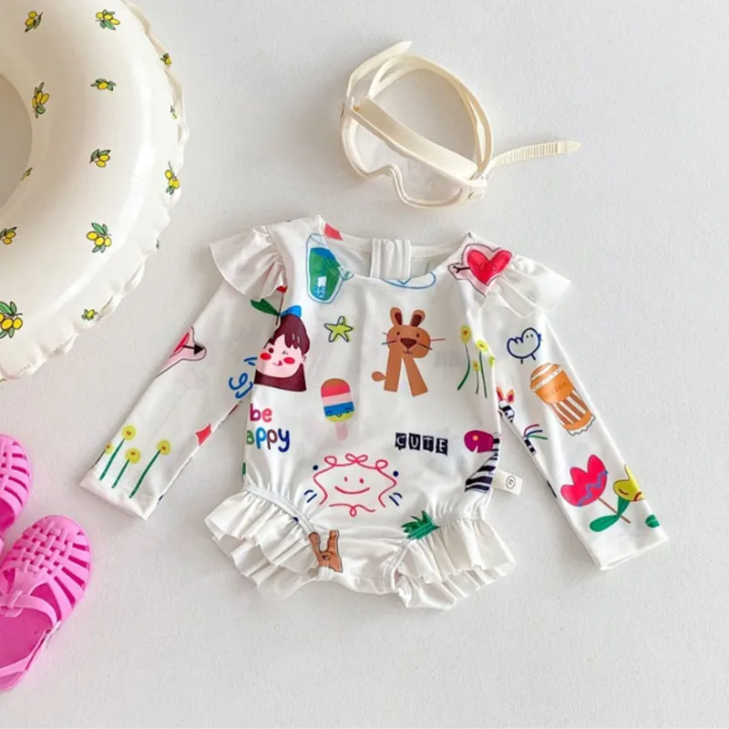 어린이 만화 긴 소매 원피스 수영복, 여아 해변 수영 세트, 2024 여름 신상 