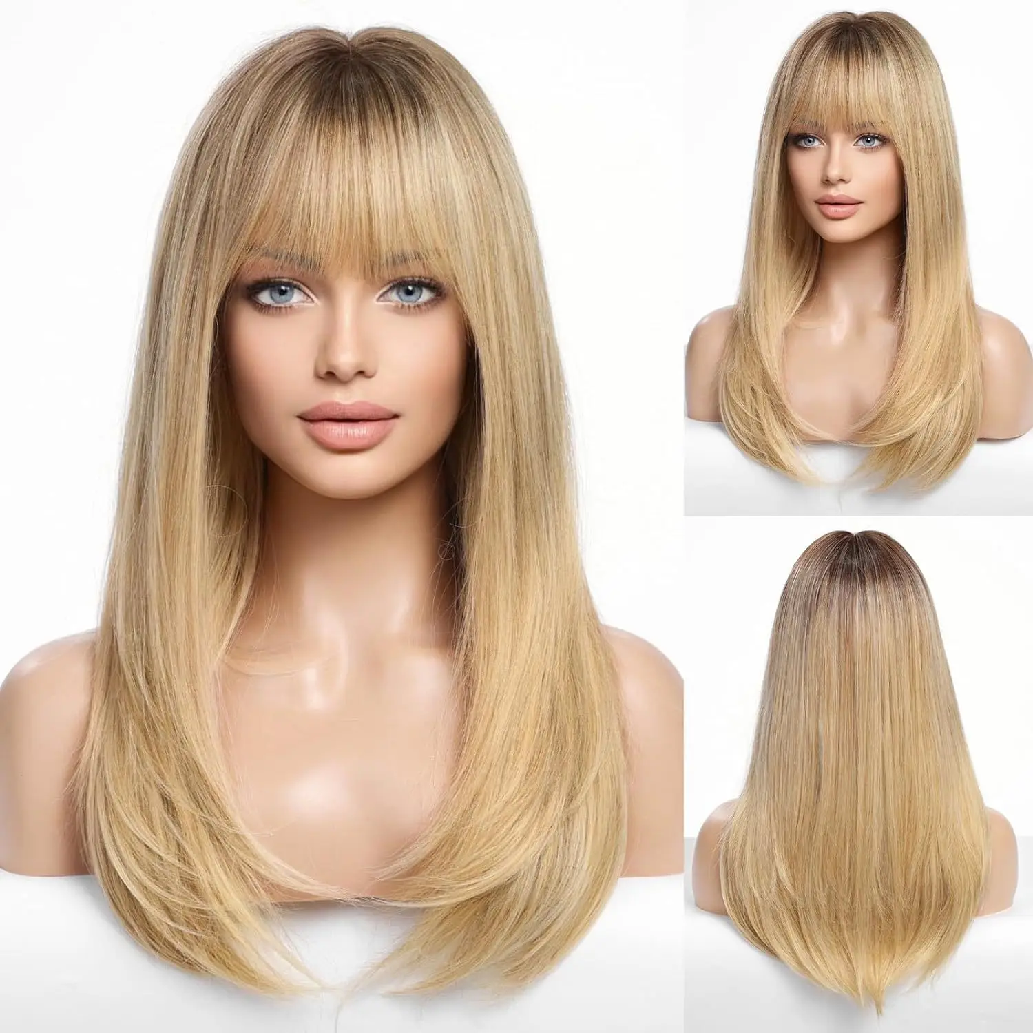 

European and American long straight blonde wig bangs long straight wig daily wear synthetic fiber Long Wigs