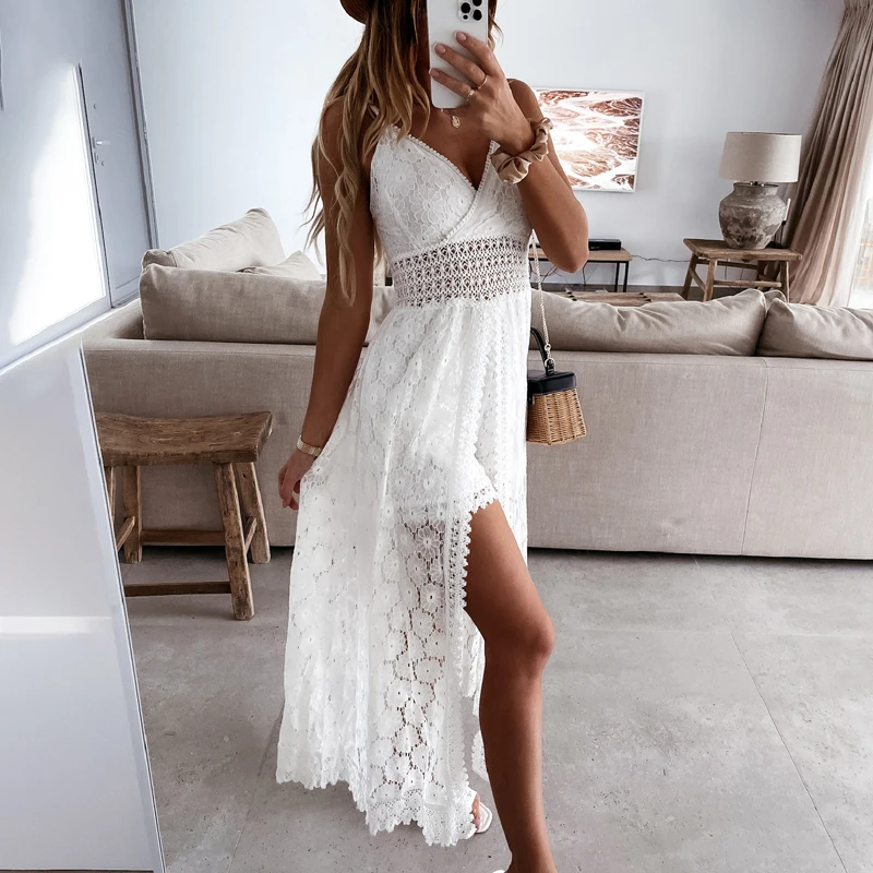 Damen Boho Ärmelloses V-Ausschnitt Spitzenkleid mit Quasten, rückenfreies langes Sommerkleid mit Spaghettiträgern, lässiges Strand-Maxikleid