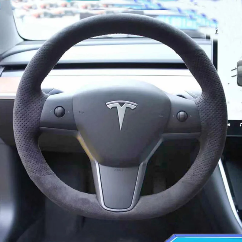 

For Tesla Model 3 2015-2021 Model Y 2019-2021Full package hand sewn steering wheel cover with suede carbon fiber customization