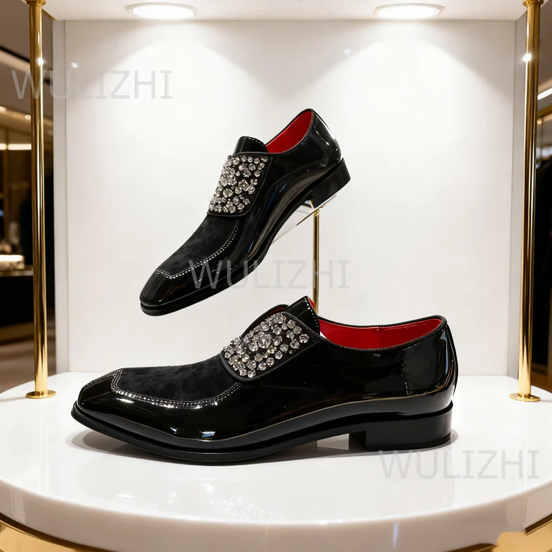 

Men's Leather Loafers Crystal Trim Sparkly Arty Style Oxfords Suede Flats Red Luxurious Casual Office Shoes Wedding