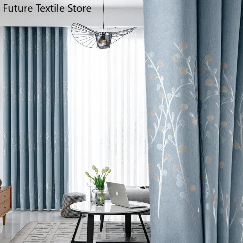 New modern minimalist thickened cotton and linen blackout yellow silk four-row jacquard Curtains for Living dining room bedroom