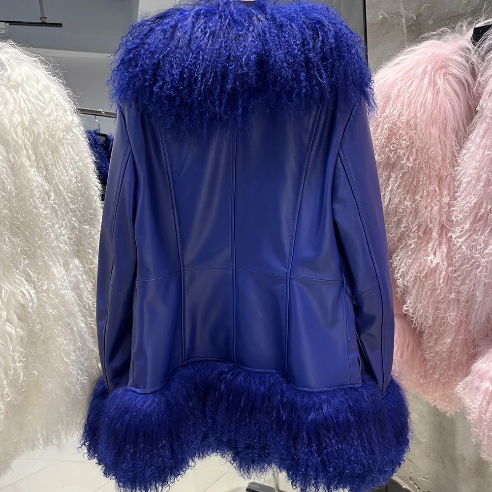 YOLOAgain Real Mongolia Sheep Fur Collar Real Leather Jacket Coat Women