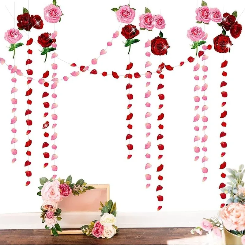 

12Pcs Red Pink Rose Garlands Rose Flower Patel Valentines Day Streamer Wedding Engagement Bridal Shower Party Hanging Decoration