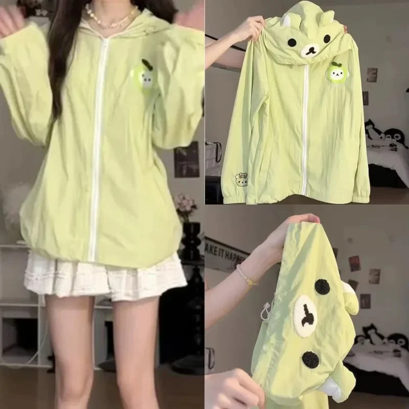 Y2K Embroidery Rilakkuma Sweatshirt Hoodie Sun Protection Jacket Girl Cute Soft UV Protection Loose Lightweight Coat Top Tee New