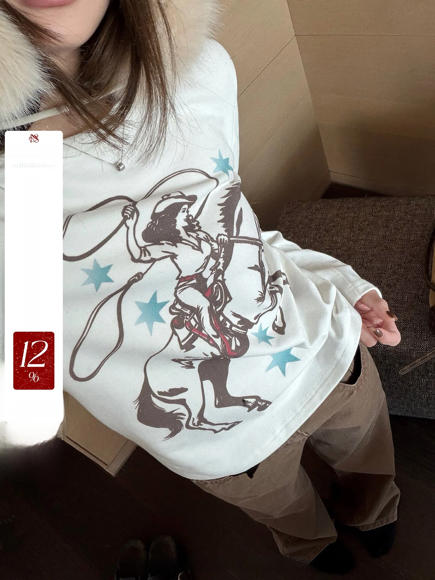 

NingSi round Ne Long Sve Printed T-irt Women's Casual Loose Base Layer irt Korean Sle Winter New Design Breathable