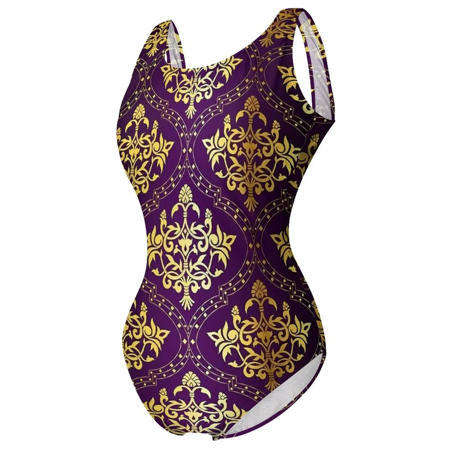 Vintage Damask Swimsuit Purple And Gold One Piece Swimwear Push Up Sweet Monokini Sexy Vacation Bath Design Swimsuits