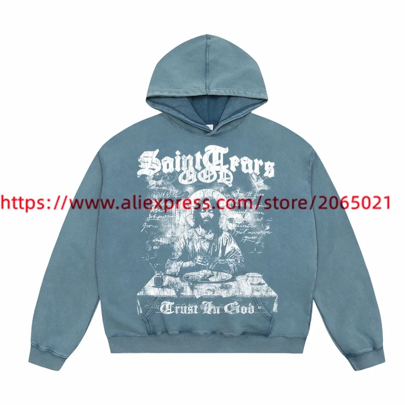 Saint Tears Hoodie Hooded Streetwear Oversized Vintage Pullovers For Men Women