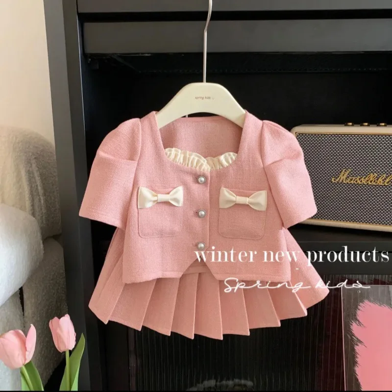 

Children's Summer Outfit Set Dress New Stylish Korean Style Bowknot Top for Babies+Pleated Skirt Two-Piece Set Children's Clothi
