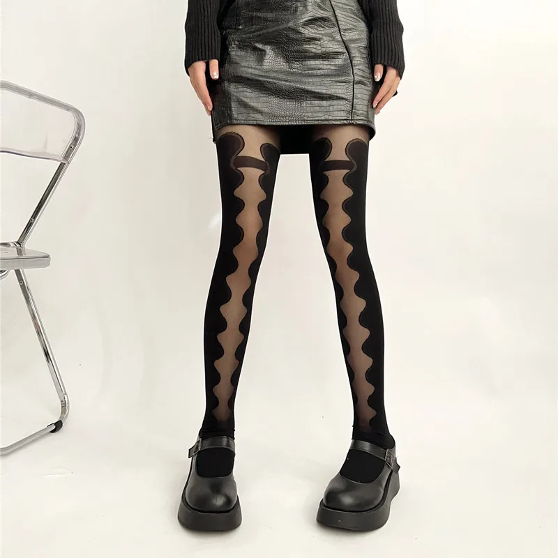 

Fashion Personalized Wave Pattern Jacquard Lolita Pantyhose Splicing Thin Sheer False Thigh Socks Hottie Sexy Nylon Tights