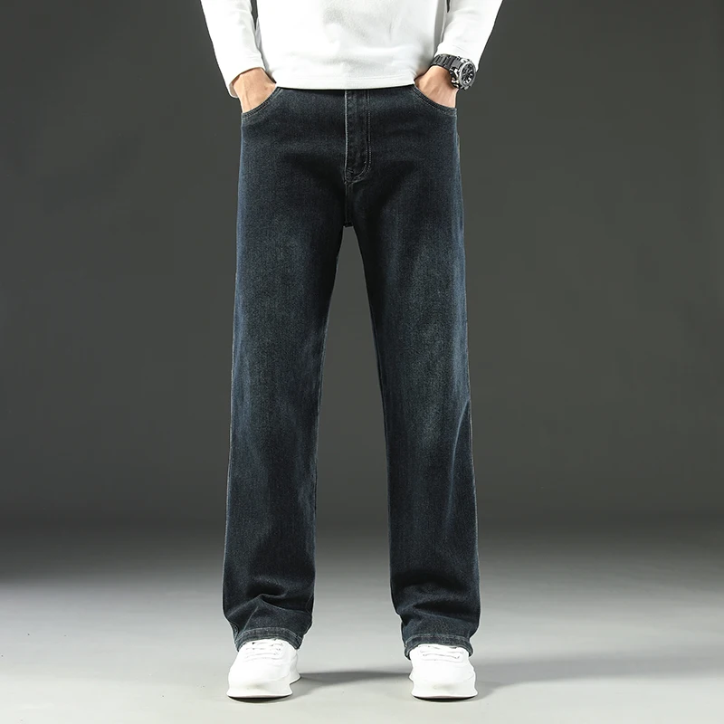 

Spring Autumn Men's Premium Stretch Wide Leg Jeans Loose Straight Elastic Big Tall Dark Color Casual Pants Durable High-Quality