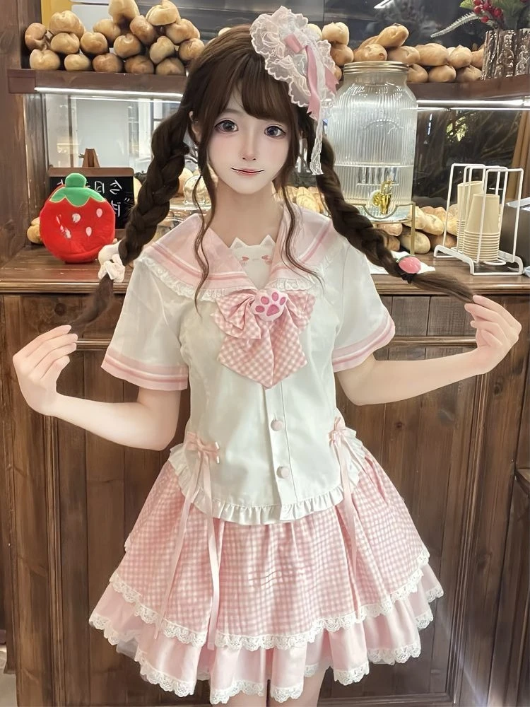 Japanese Lolita 2000s 2 Piece Skirt Sets Sweet Kawaii Bow Long Sleeve Tops + Plaid Cake Mini Skirt Y2k Harajuku Vintage Suits