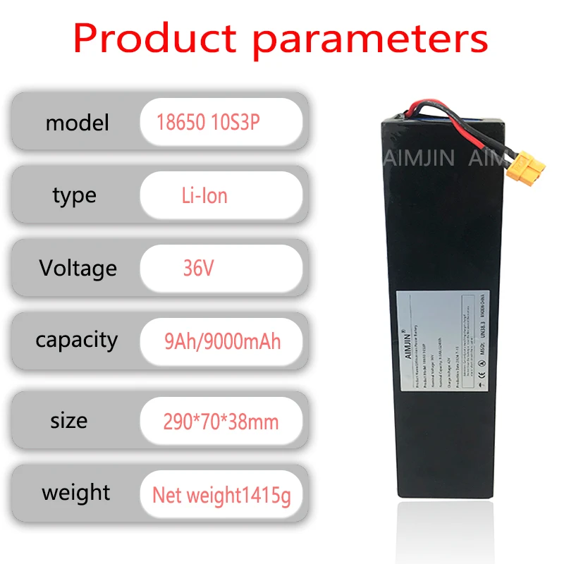 NEW 36V lithium battery 9.0Ah 18650-10S3P built-in high-power balanced BMS 0-800W electric vehicle battery xt60 plug