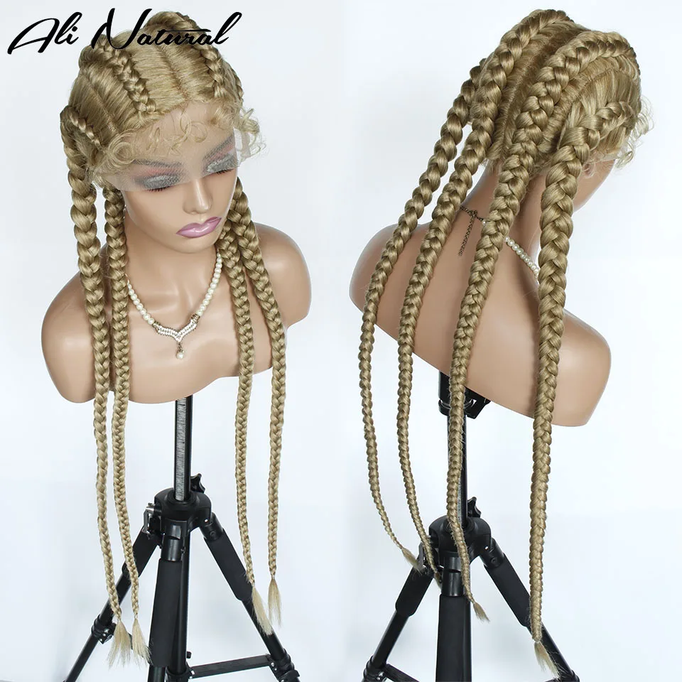 Mixed Brown Blonde Long Braided Synthetic Wig With Baby Hair 27/613 Mix Color Double Dutch Box Braid Wig For Black Women