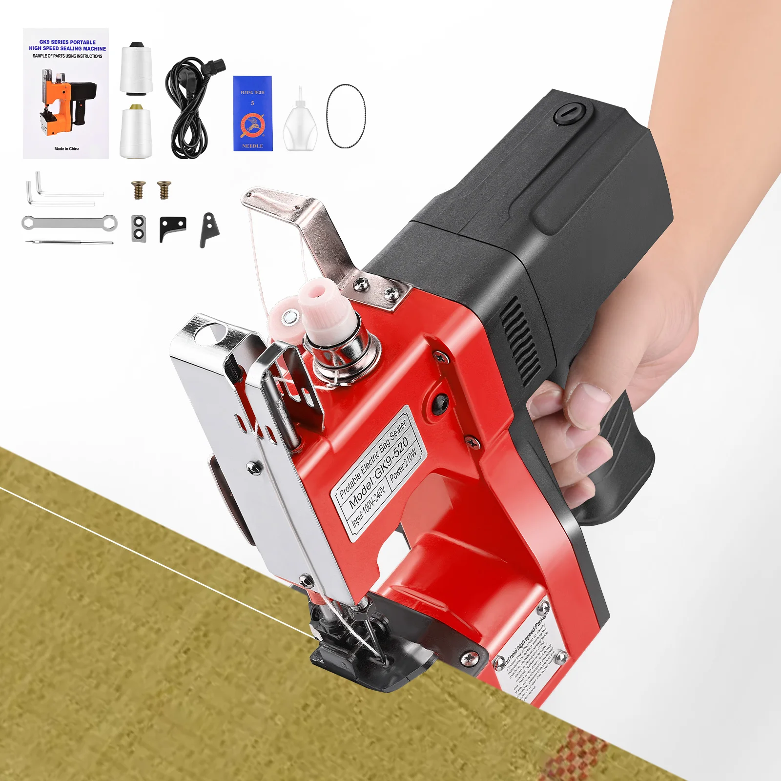 Máquina de coser eléctrica de alta velocidad, máquina de sellado manual portátil de tejido Industrial, Overlock de bolsas de harina, nueva Gk9-520