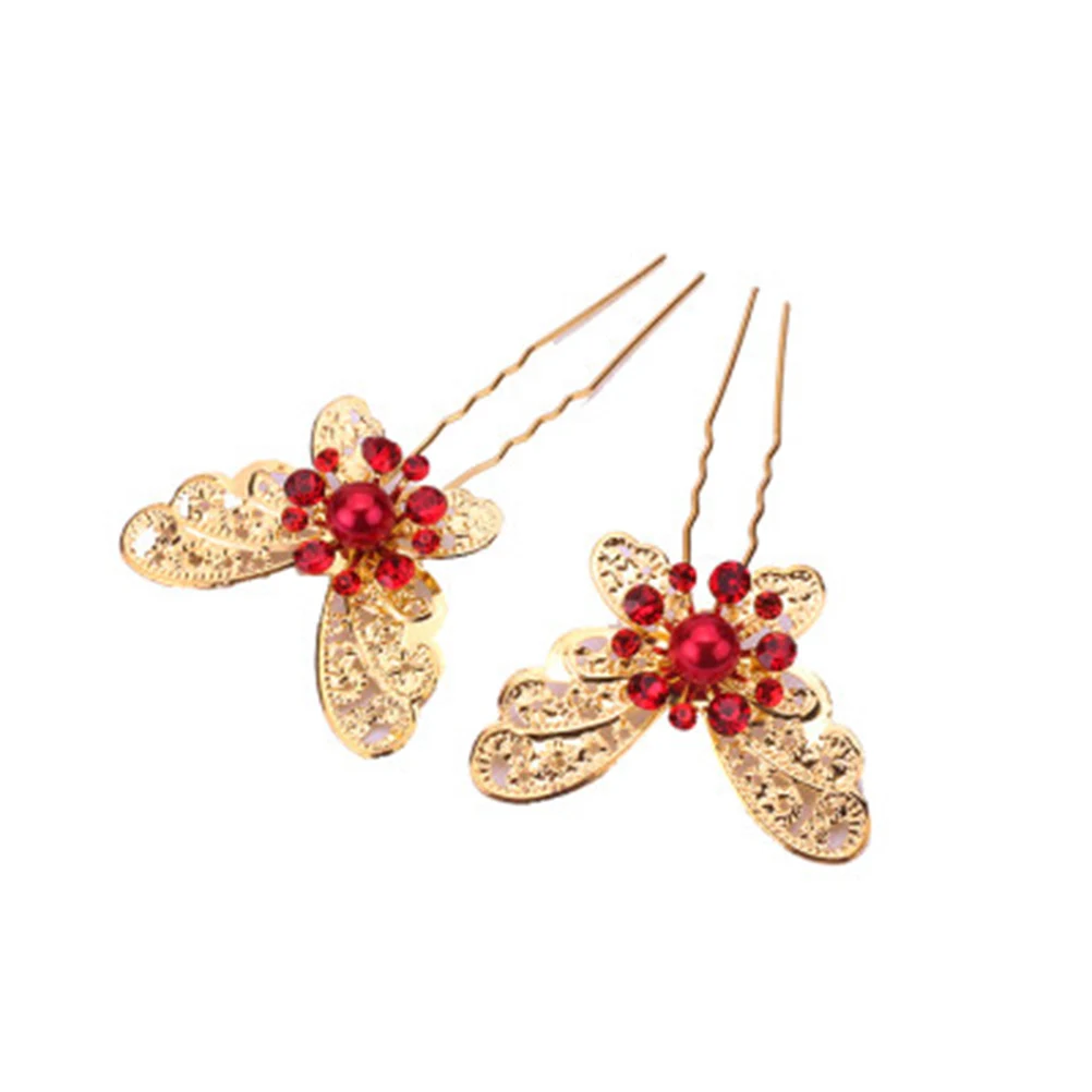 

12pcs U Shaped Butterfly Hairpins Alloy Vintage Rhinestone Pearl Hair Sticks For Women Bridal Party Wedding Golden Updo Hair